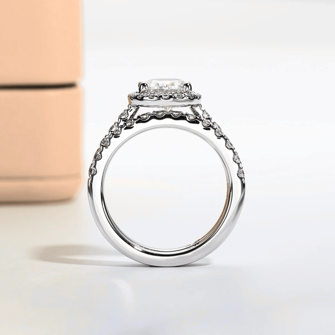 Oval 2ct Moissanite Halo Engagement Ring with Optional Half Pave Wedding Band Set