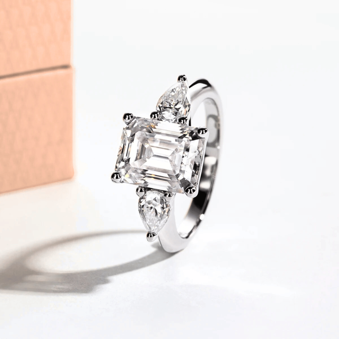 4ct Emerald-Cut Moissanite Engagement Ring | 0.5 Carat Pear-Cut Side Stones