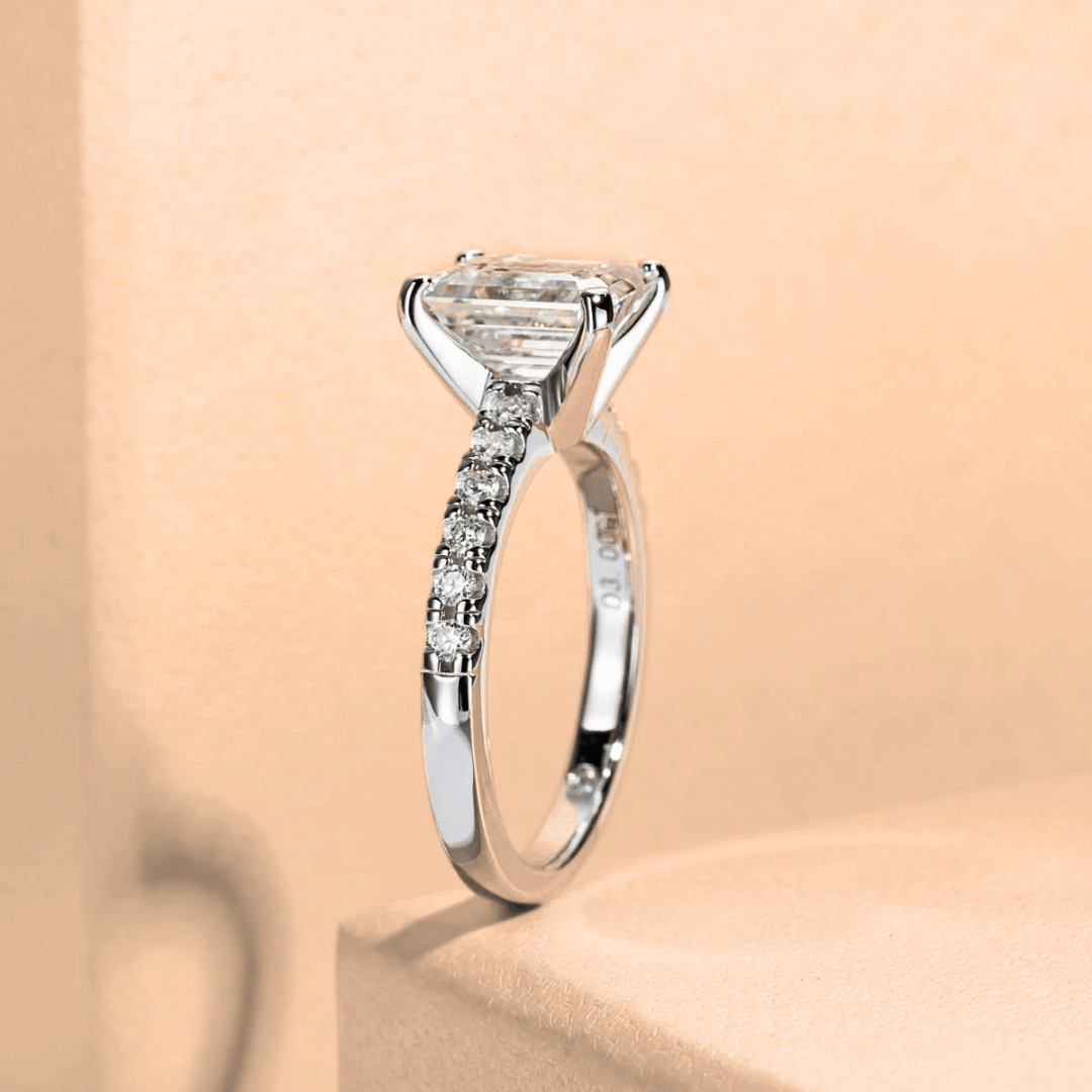 Emerald-Cut 3ct Moissanite Half Pave Ring - Finished in 18K White Gold