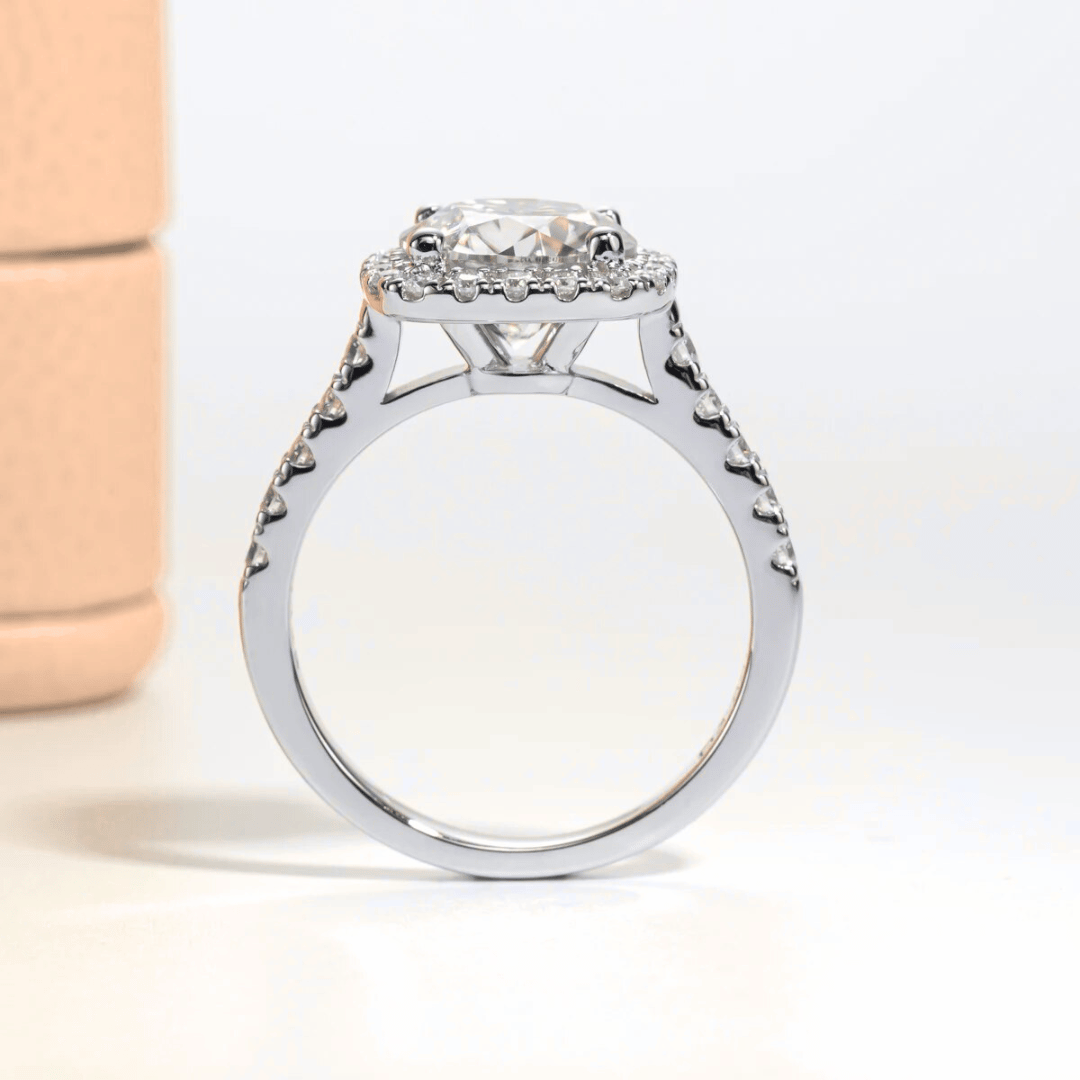 Round 3ct Moissanite Halo Ring with Half Pave in White Gold Plating