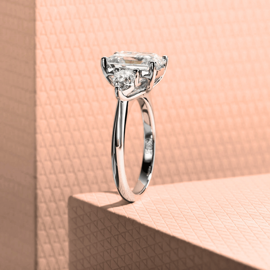 4ct Emerald-Cut Moissanite Engagement Ring | 0.5 Carat Pear-Cut Side Stones