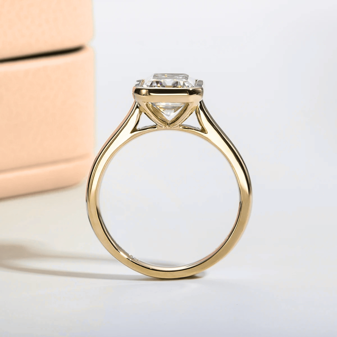 Emerald-Cut 3ct Moissanite Bezel-Set Ring in 18K Yellow Gold Finish