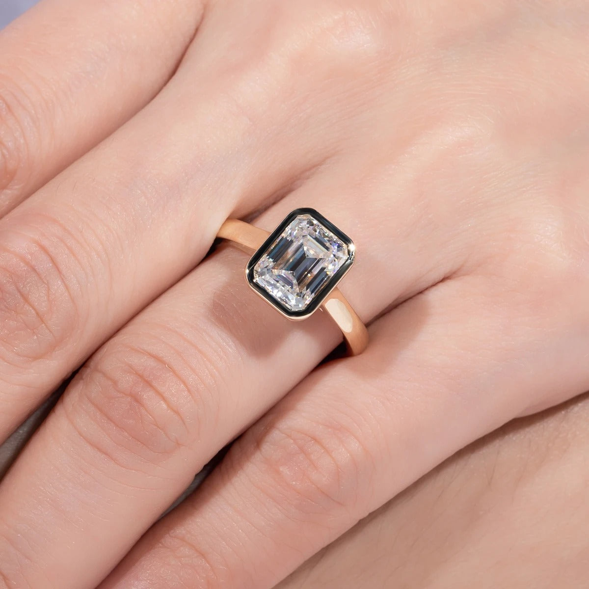 Emerald-Cut 3ct Moissanite Bezel-Set Ring in 18K Yellow Gold Finish