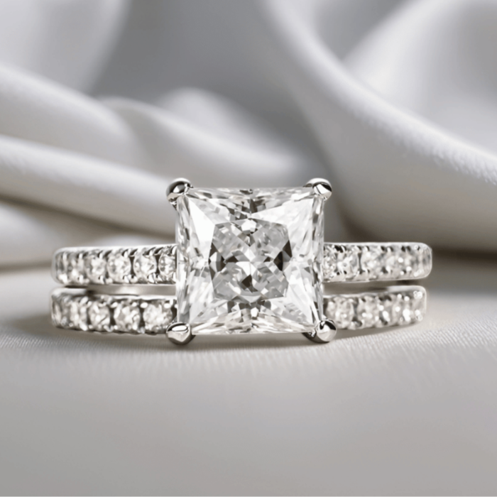 Princess-Cut 3ct Moissanite Engagement Ring with Half Pave finished in 18K White Gold - Versatile Set Options