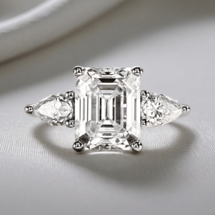 4ct Emerald-Cut Moissanite Engagement Ring | 0.5 Carat Pear-Cut Side Stones