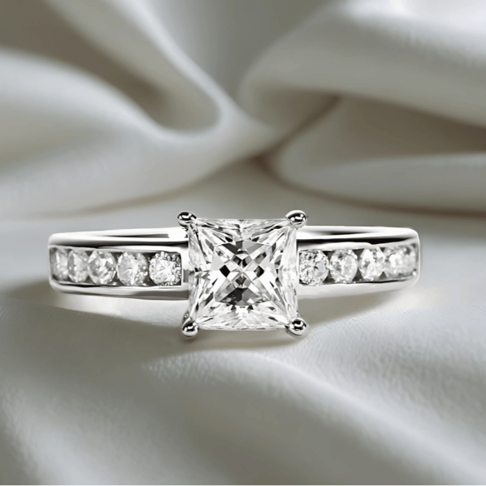 Princess-Cut 1.2ct Moissanite Channel-Set Ring with Matching Band Option in 18K White Gold