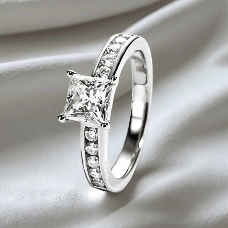 Princess-Cut 1.2ct Moissanite Channel-Set Ring with Matching Band Option in 18K White Gold