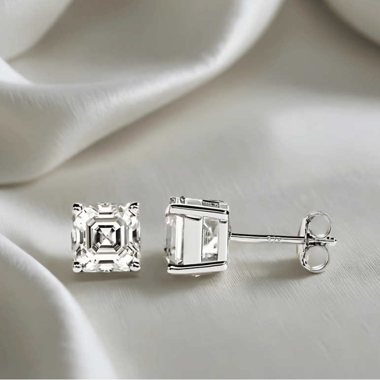 Asscher-Cut Moissanite Stud Earrings | D-Colourless VVS1 with 10K Gold Hypoallergenic Posts