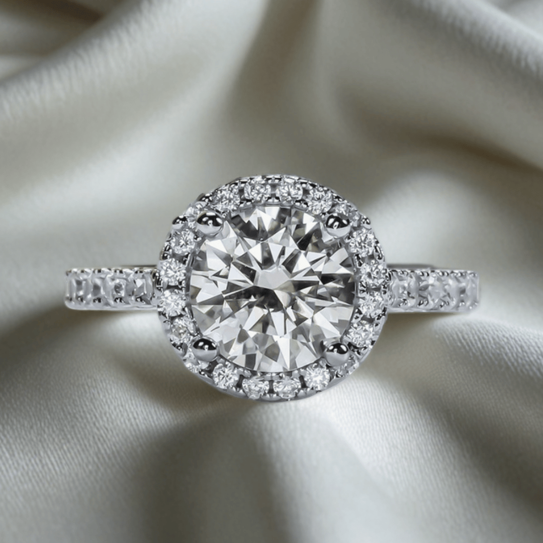 Round 2ct Moissanite Halo Ring with Half Pave in 18K White Gold Finish