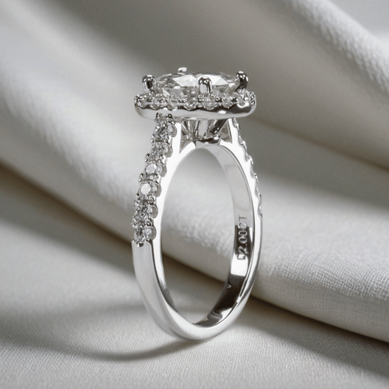 Round 2ct Moissanite Halo Ring with Half Pave in 18K White Gold Finish