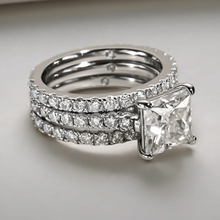 Princess-Cut 3ct Moissanite Engagement Ring with Half Pave finished in 18K White Gold - Versatile Set Options