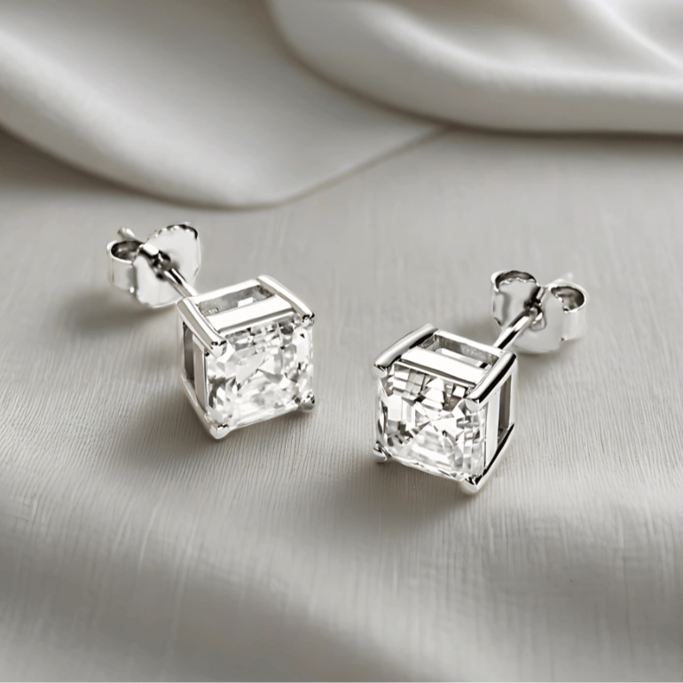 Asscher-Cut Moissanite Stud Earrings | D-Colourless VVS1 with 10K Gold Hypoallergenic Posts