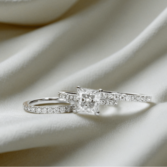 Princess-Cut 3ct Moissanite Engagement Ring with Half Pave finished in 18K White Gold - Versatile Set Options