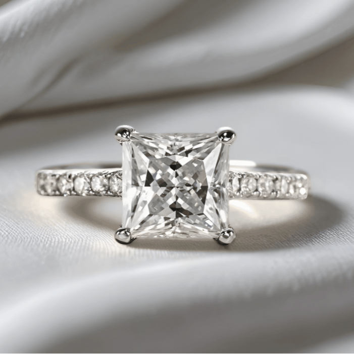 Princess-Cut 3ct Moissanite Engagement Ring with Half Pave finished in 18K White Gold - Versatile Set Options