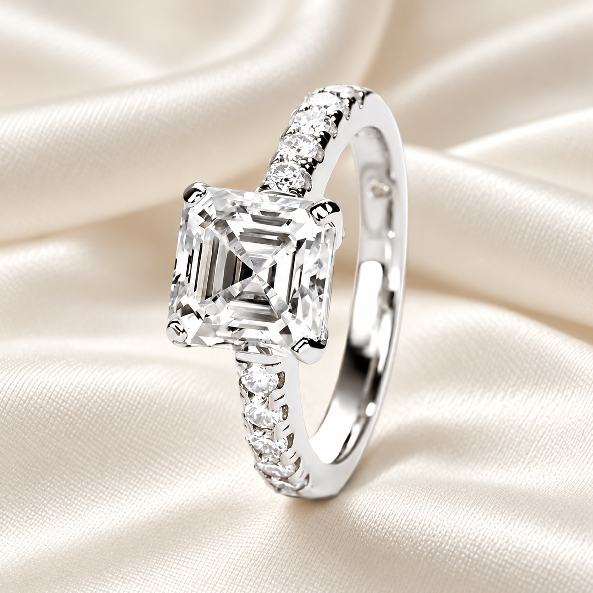 Asscher-Cut 3ct Pave D-Colourless VVS1 Moissanite Engagement Ring - Affordable Luxury