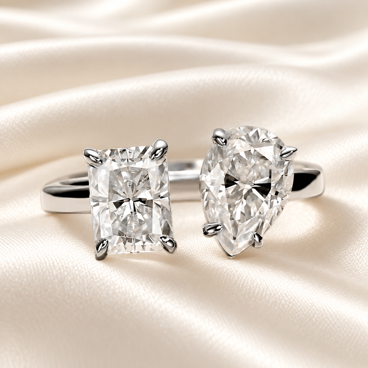 Dual Delight 2ct Radiant & 2ct Pear Cut Moissanite Ring in 18K White Gold Finish