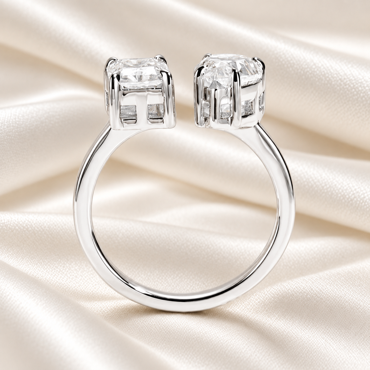 Dual Delight 2ct Radiant & 2ct Pear Cut Moissanite Ring in 18K White Gold Finish
