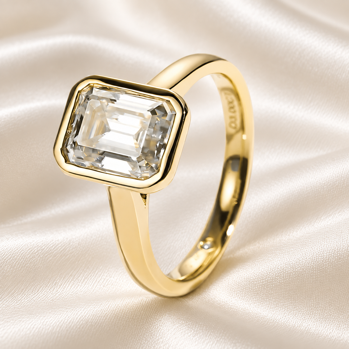 Emerald-Cut 3ct Moissanite Bezel-Set Ring in 18K Yellow Gold Finish