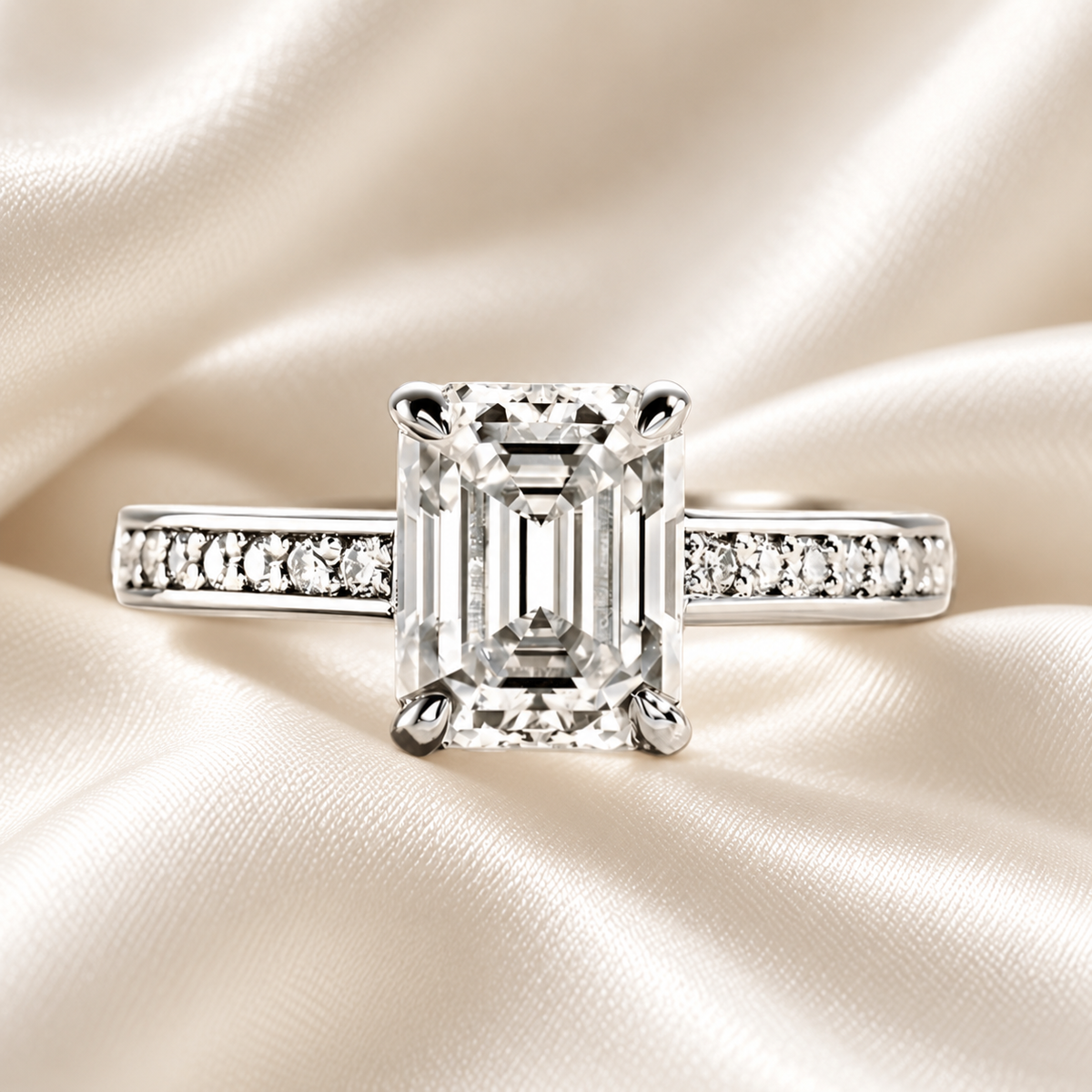 3ct Emerald-Cut Moissanite Engagement Ring | Half Pave Channel Setting with D-Colourless Stones