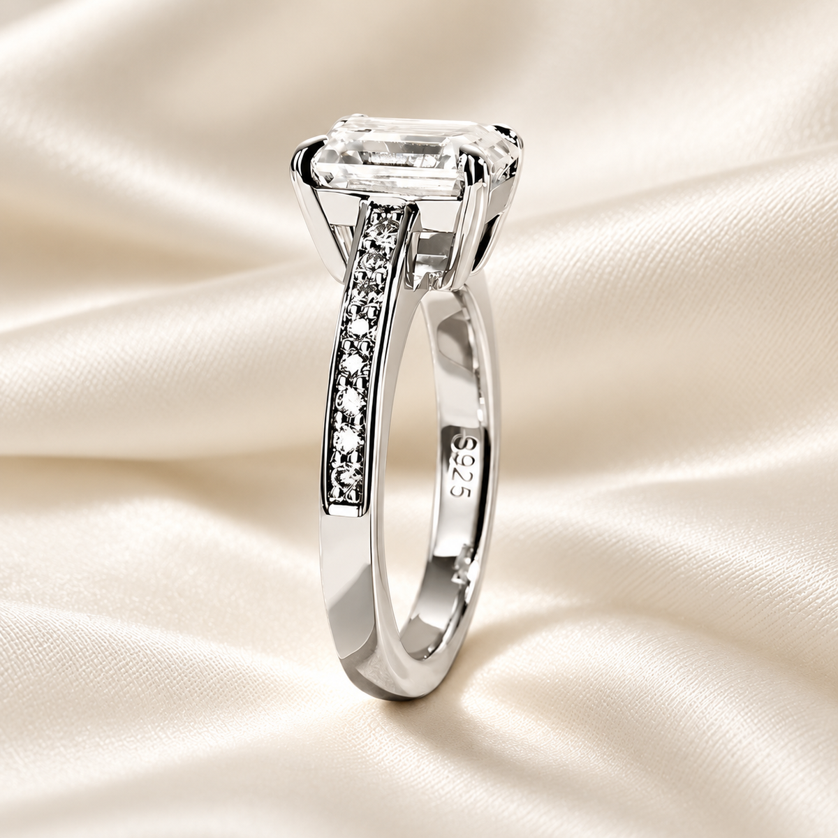 3ct Emerald-Cut Moissanite Engagement Ring | Half Pave Channel Setting with D-Colourless Stones