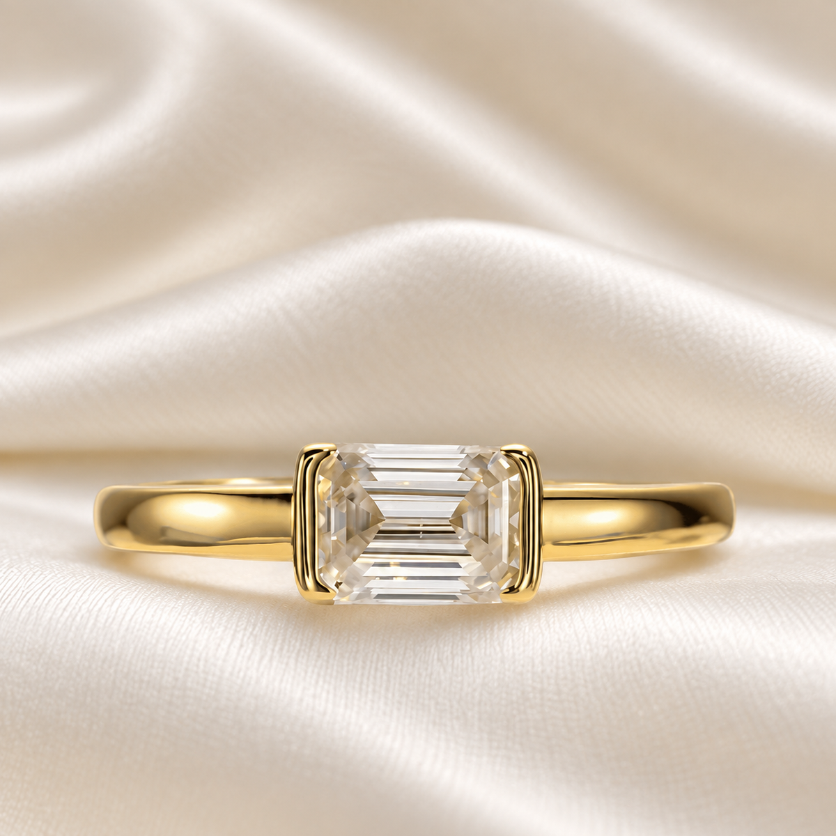Emerald-Cut 1ct East-West Set Moissanite Ring with 18K Yellow Gold Finish