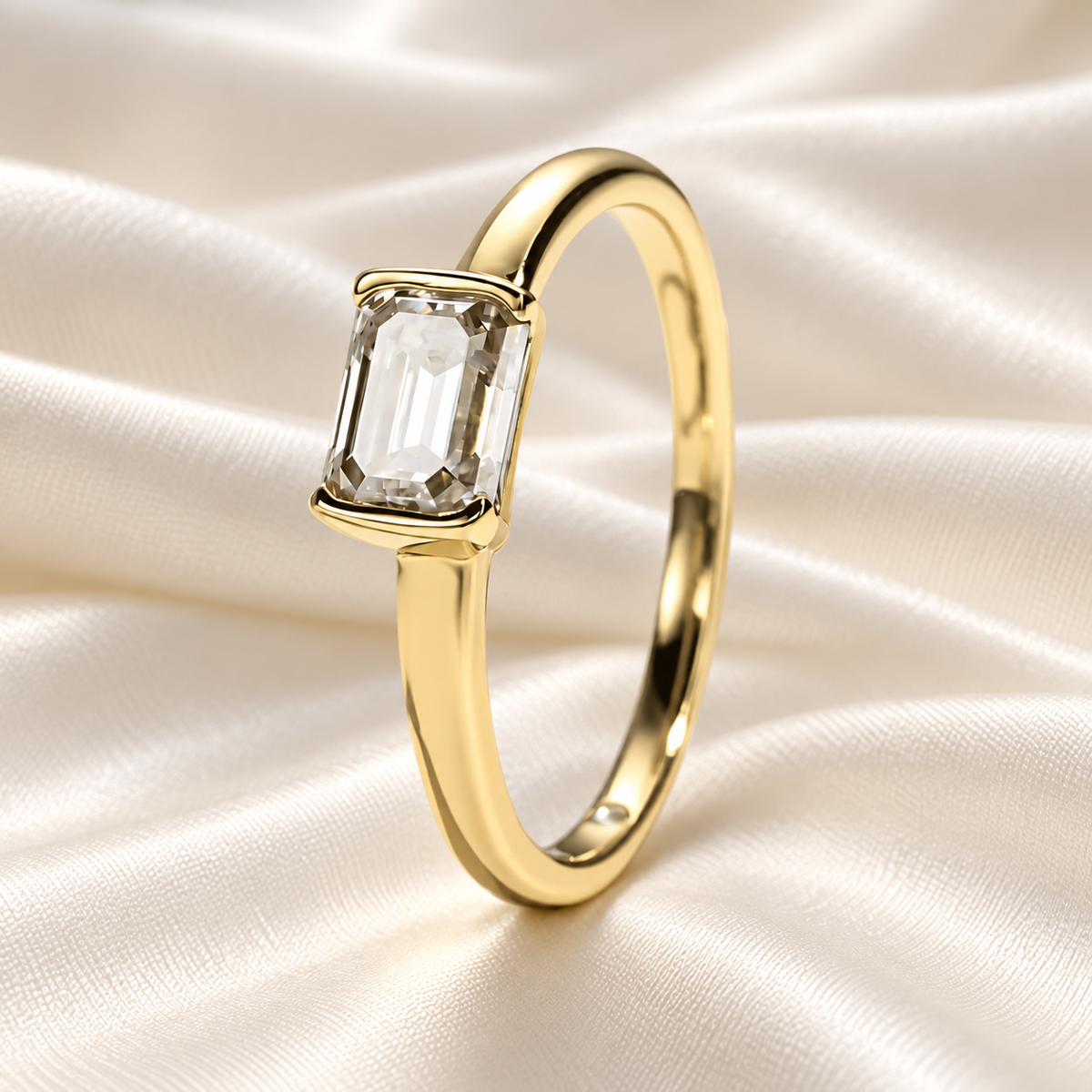 Emerald-Cut 1ct East-West Set Moissanite Ring with 18K Yellow Gold Finish