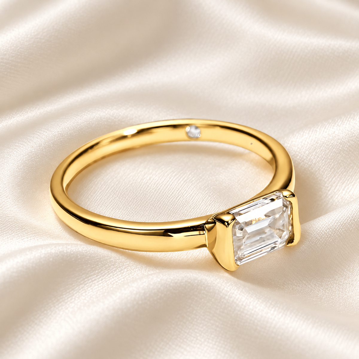 Emerald-Cut 1ct East-West Set Moissanite Ring with 18K Yellow Gold Finish