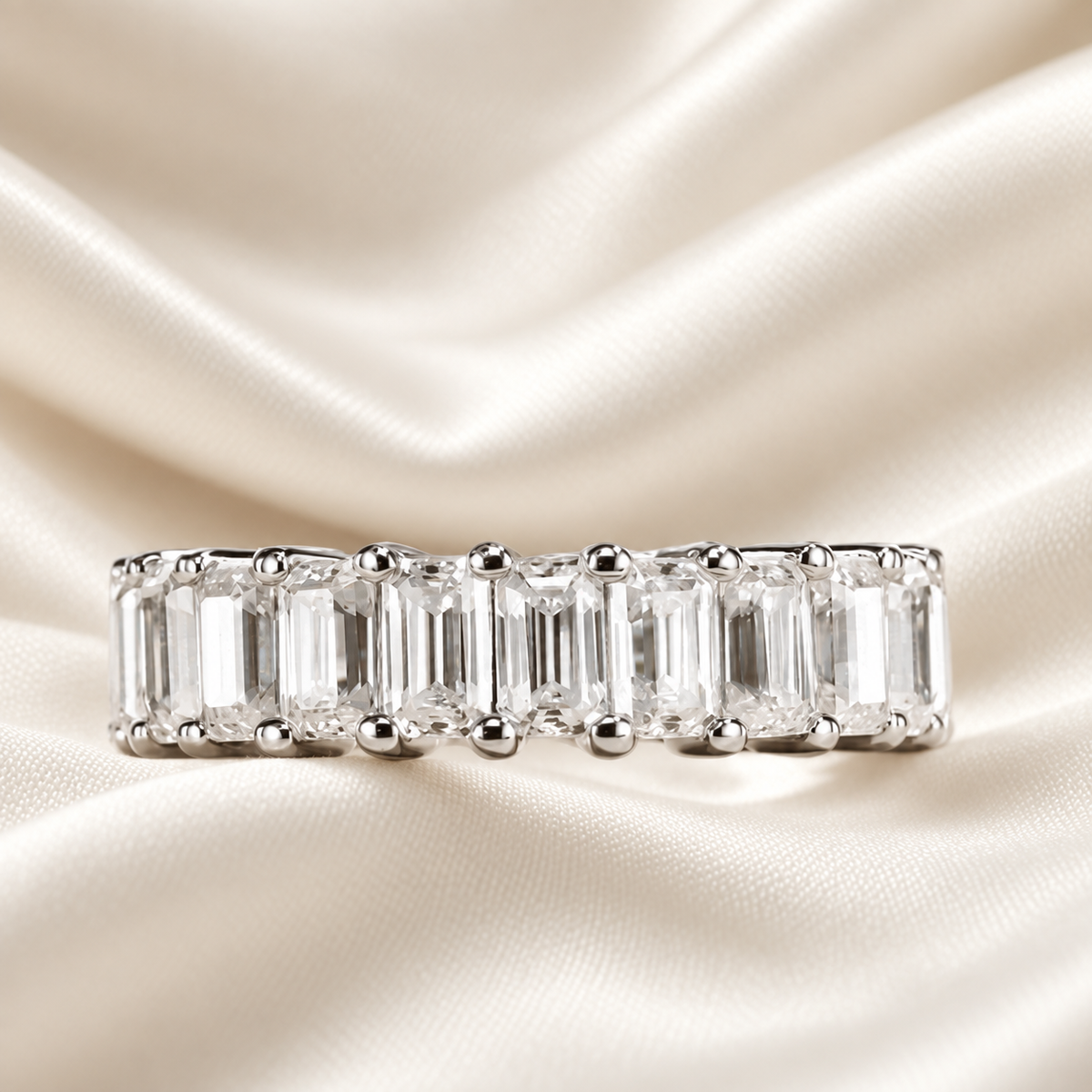 Emerald-Cut 6.3 TCW Full Eternity Moissanite Wedding Band in 18K White Gold Finish