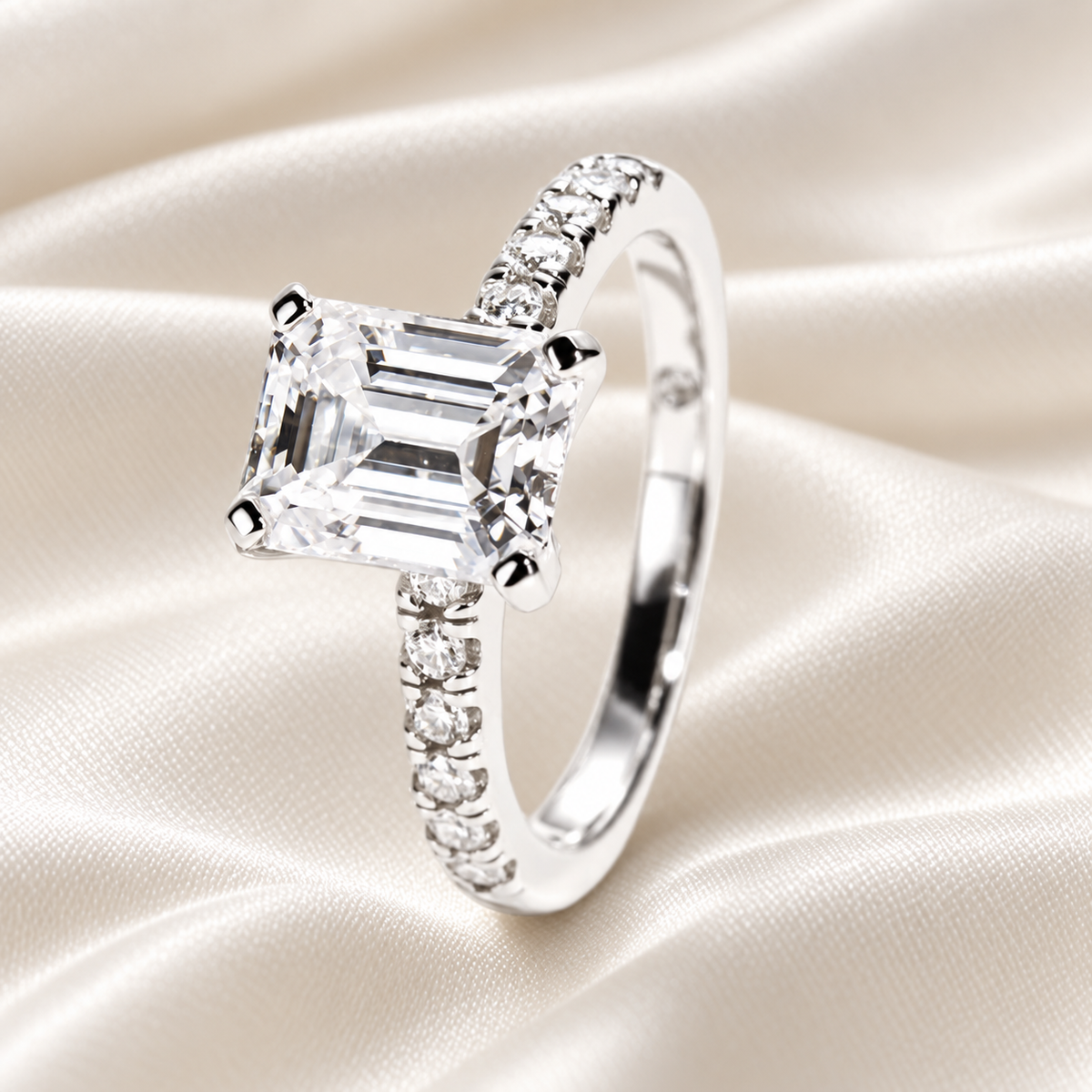 Emerald-Cut 3ct Moissanite Half Pave Ring - Finished in 18K White Gold