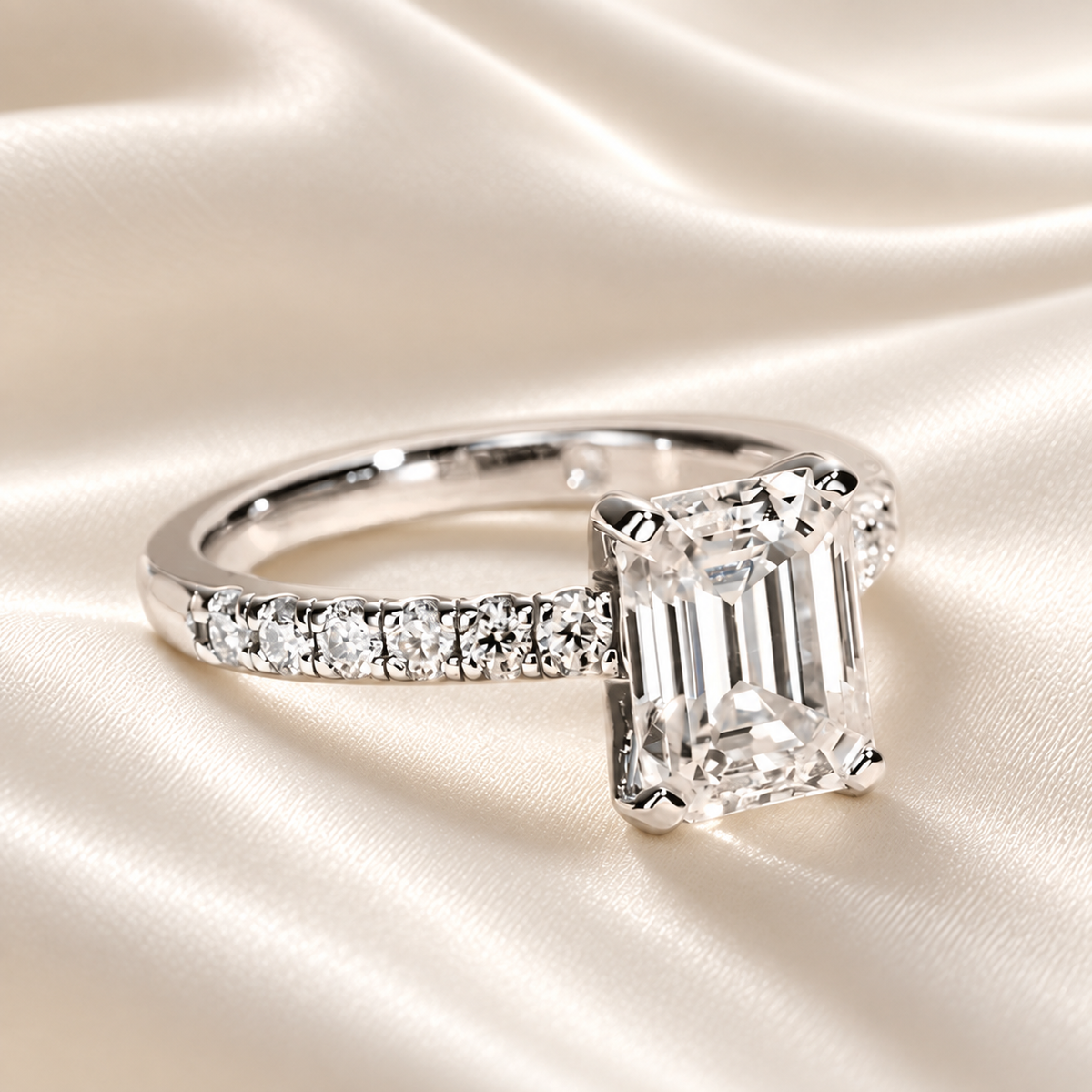 Emerald-Cut 3ct Moissanite Half Pave Ring - Finished in 18K White Gold