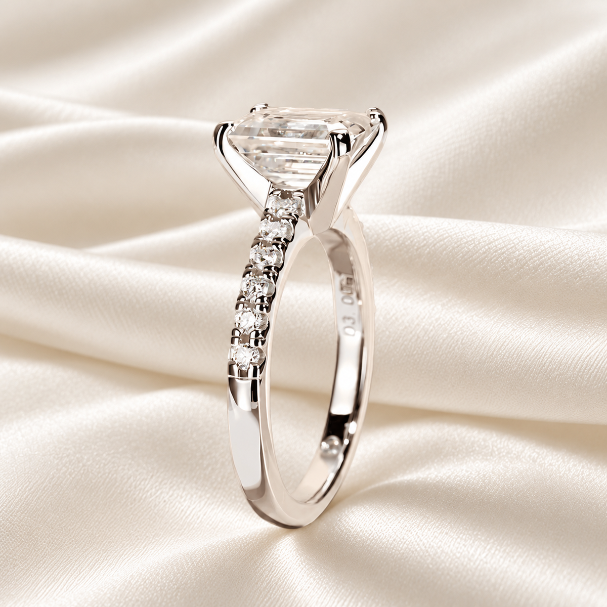 Emerald-Cut 3ct Moissanite Half Pave Ring - Finished in 18K White Gold