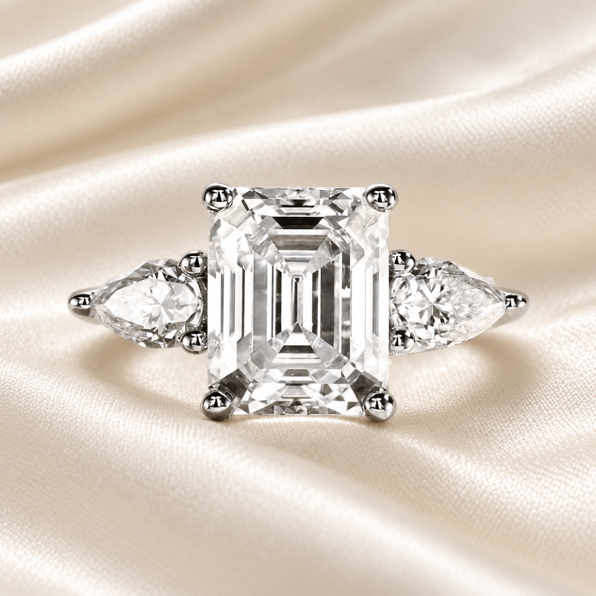4ct Emerald-Cut Moissanite Engagement Ring | 0.5 Carat Pear-Cut Side Stones