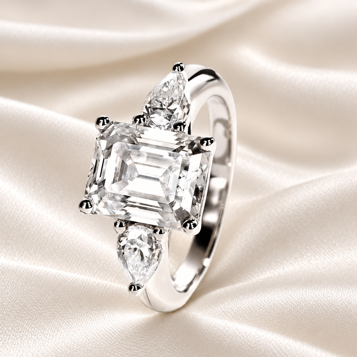 4ct Emerald-Cut Moissanite Engagement Ring | 0.5 Carat Pear-Cut Side Stones