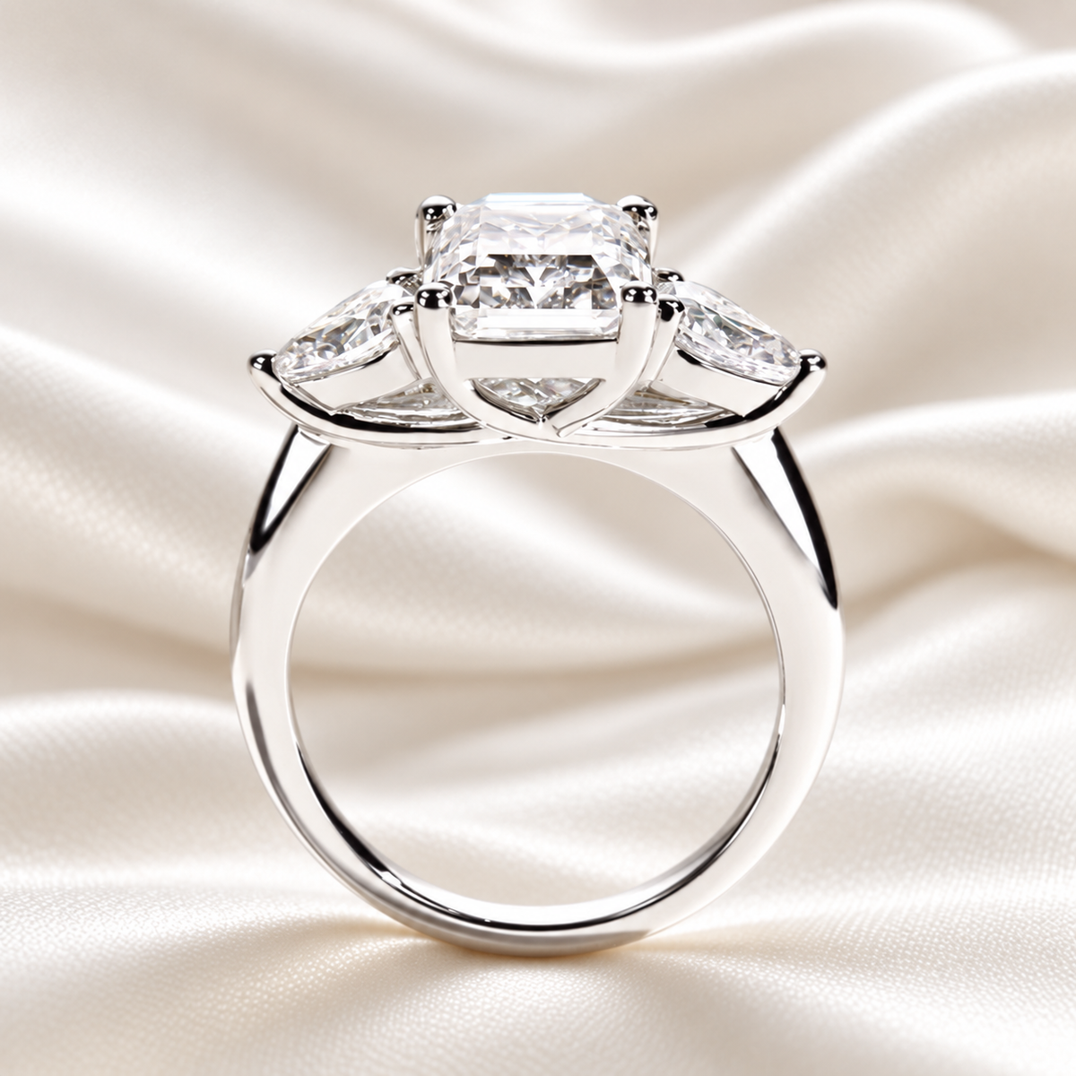 4ct Emerald-Cut Moissanite Engagement Ring | 0.5 Carat Pear-Cut Side Stones