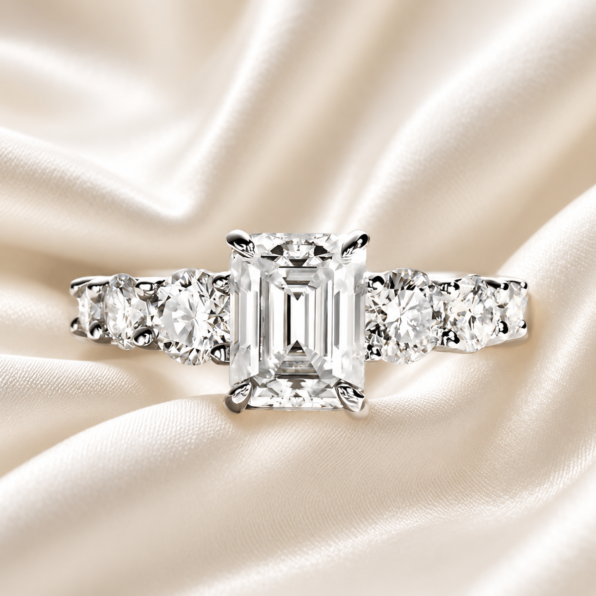 3 Carat Emerald-Cut Moissanite Engagement Ring | 4.8ct, 7-Stone Ring