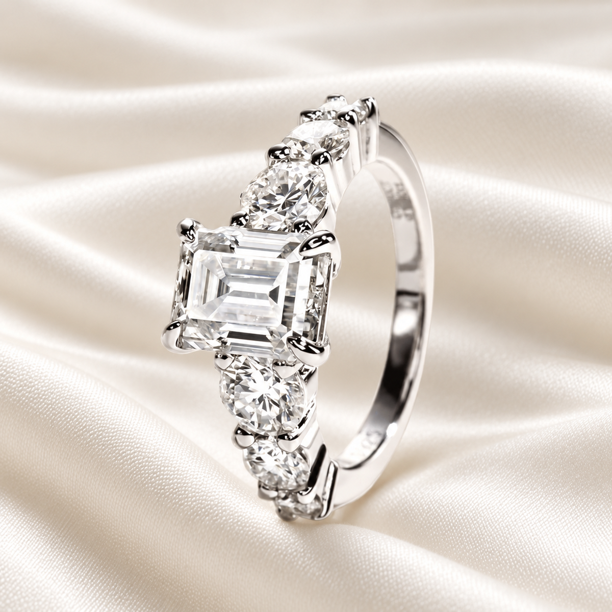 3 Carat Emerald-Cut Moissanite Engagement Ring | 4.8ct, 7-Stone Ring