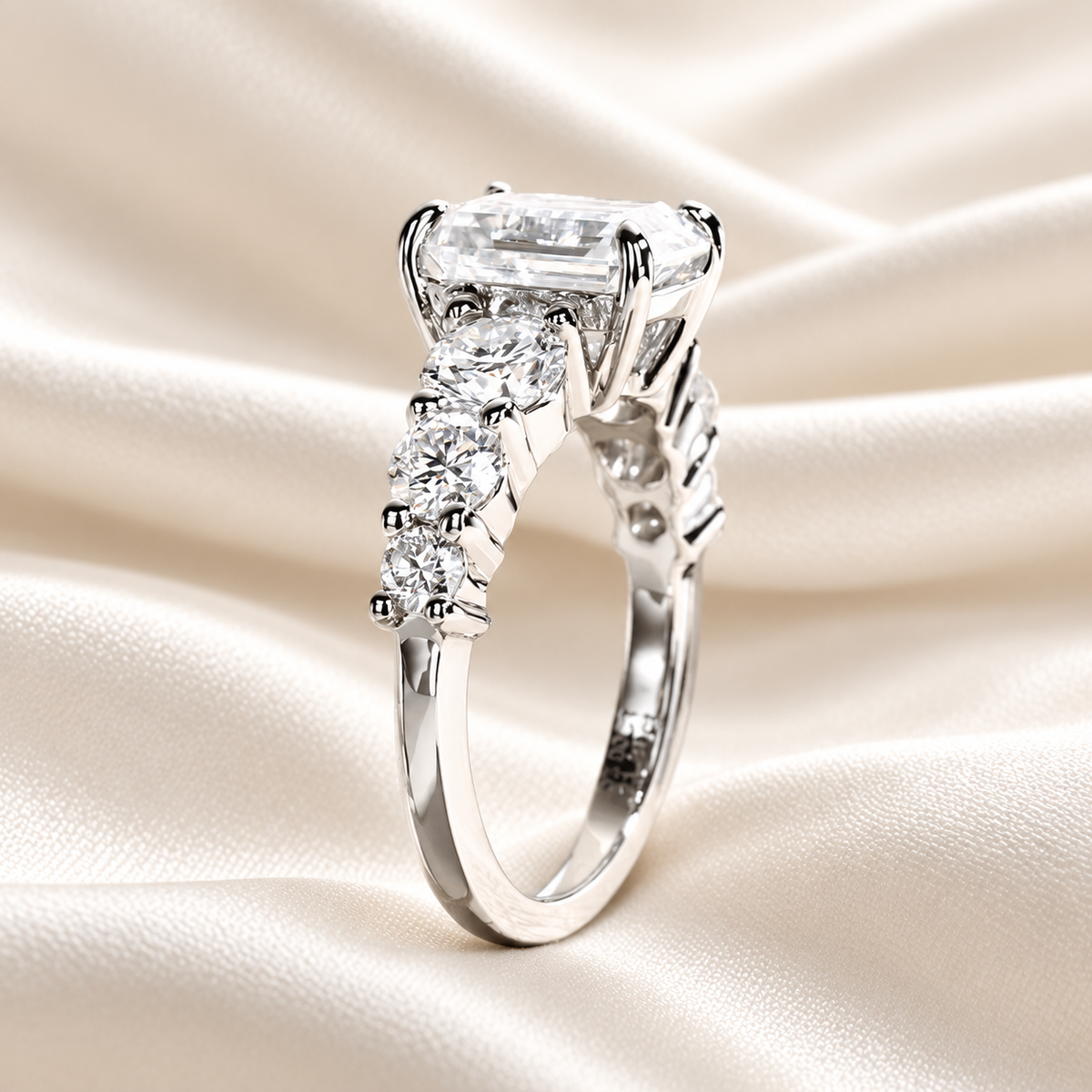 3 Carat Emerald-Cut Moissanite Engagement Ring | 4.8ct, 7-Stone Ring