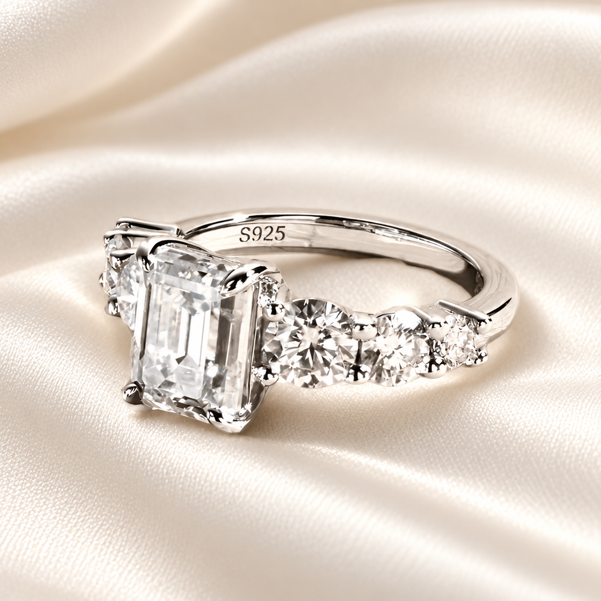 3 Carat Emerald-Cut Moissanite Engagement Ring | 4.8ct, 7-Stone Ring