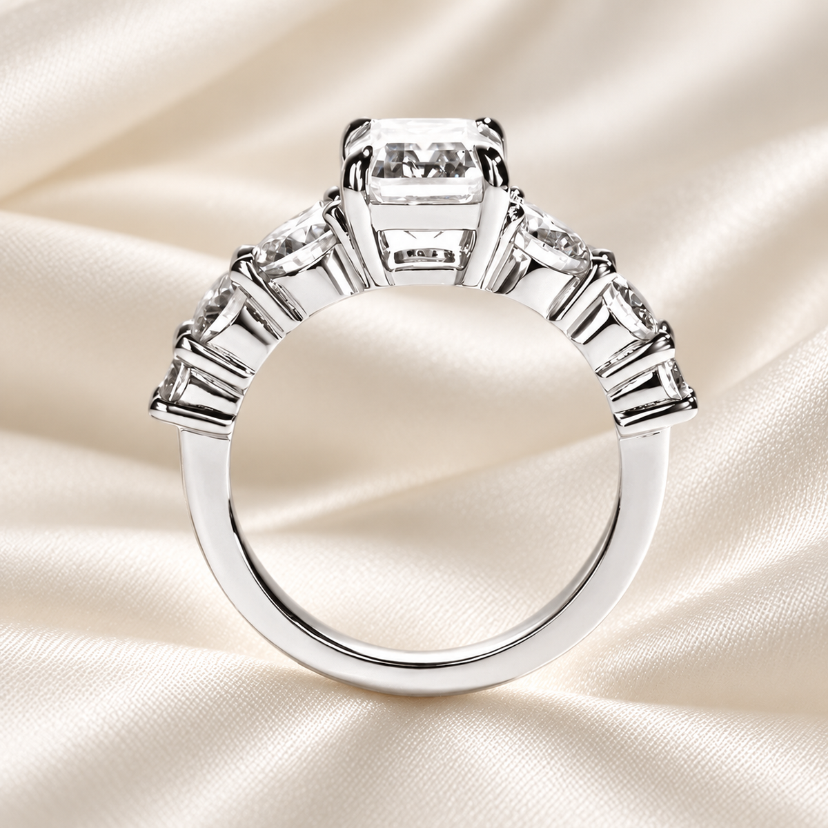 3 Carat Emerald-Cut Moissanite Engagement Ring | 4.8ct, 7-Stone Ring