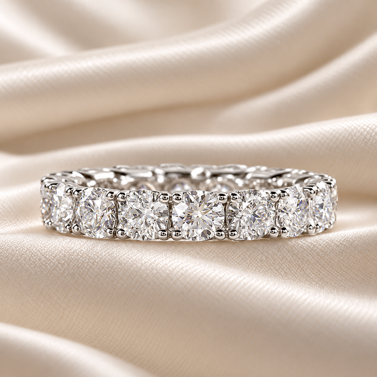 Full Eternity 5 TCW Round Moissanite Wedding Band in 18K White Gold Finish