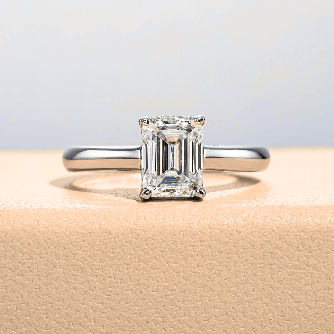 Emerald-Cut 2ct Moissanite Classic Ring with 18K White Gold Finish