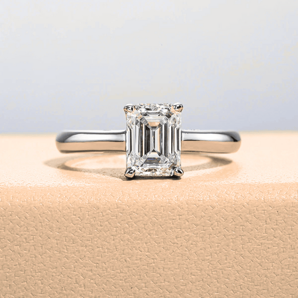 Emerald-Cut 2ct Moissanite Classic Ring with 18K White Gold Finish