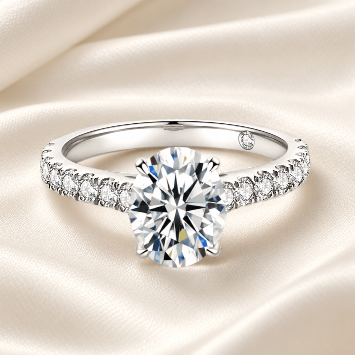 Oval 2ct Moissanite Half Pave Ring with 18K White Gold Finish
