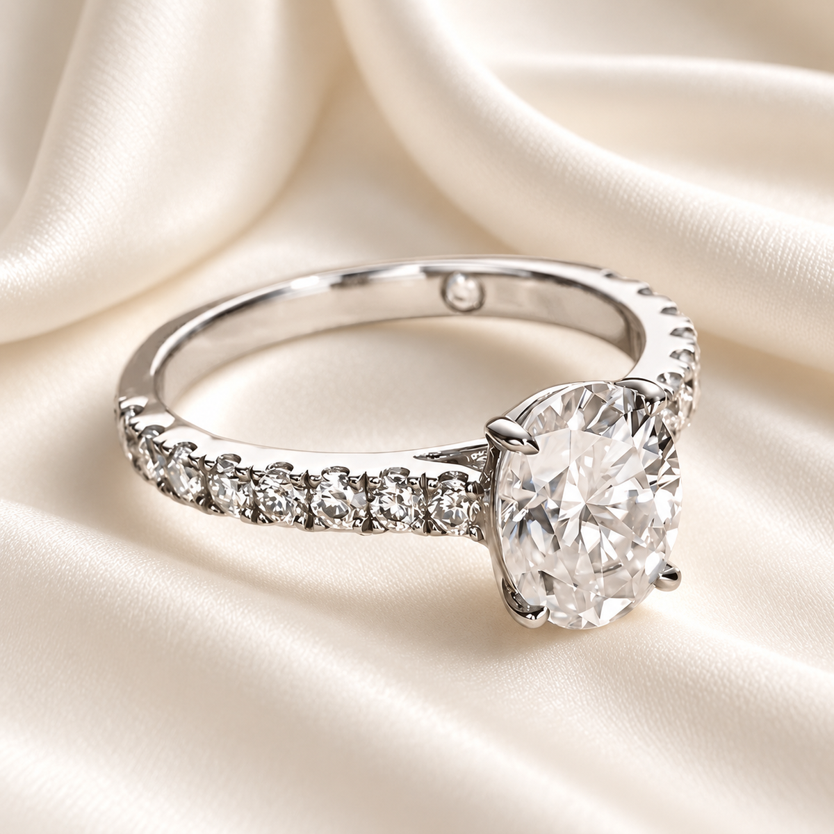 Oval 2ct Moissanite Half Pave Ring with 18K White Gold Finish