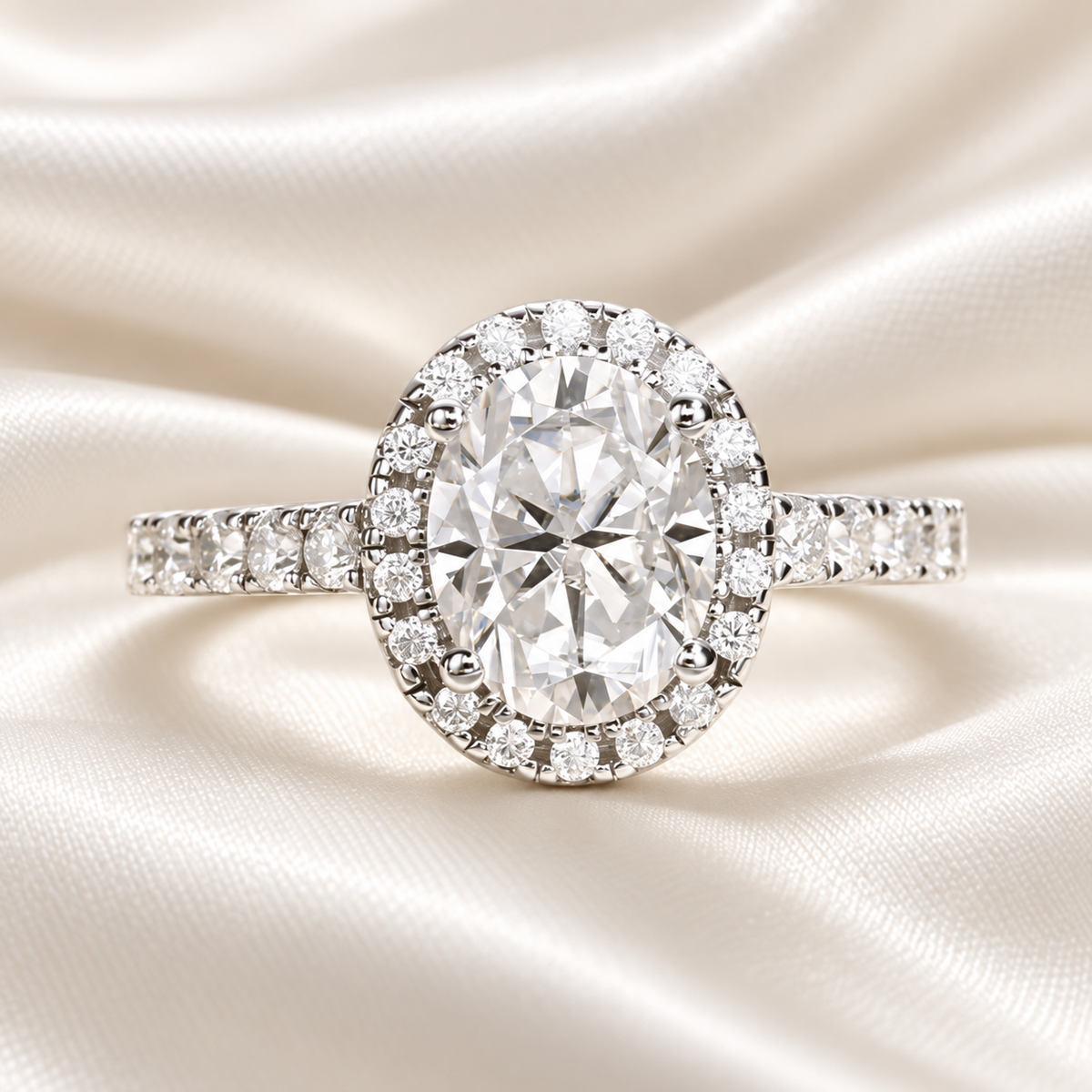 Oval 2ct Moissanite Halo Engagement Ring with Optional Half Pave Wedding Band Set