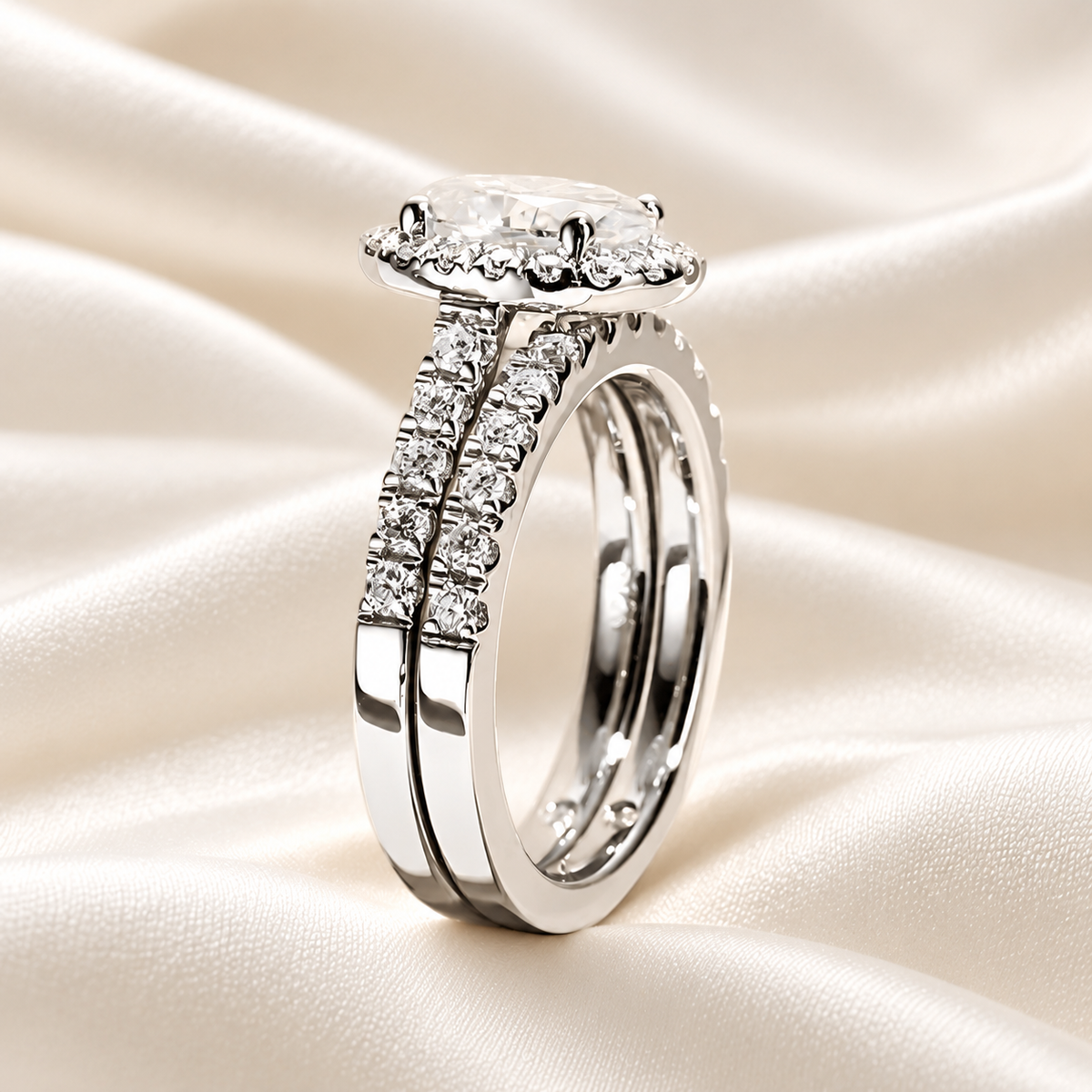 Oval 2ct Moissanite Halo Engagement Ring with Optional Half Pave Wedding Band Set