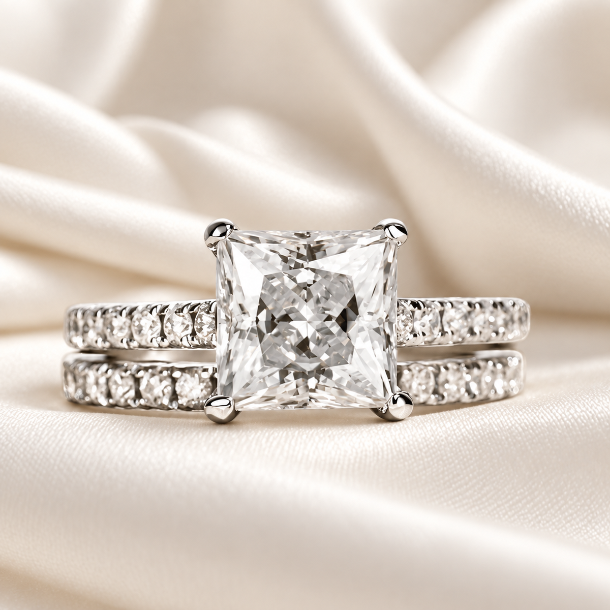 Princess-Cut 3ct Moissanite Engagement Ring with Half Pave finished in 18K White Gold - Versatile Set Options
