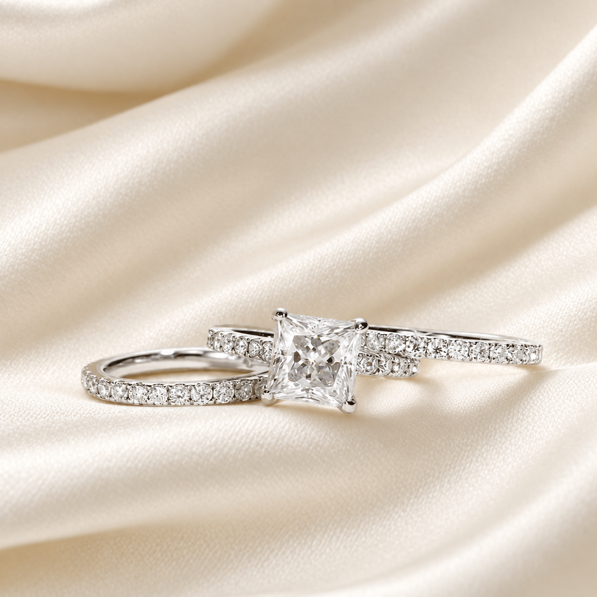 Princess-Cut 3ct Moissanite Engagement Ring with Half Pave finished in 18K White Gold - Versatile Set Options