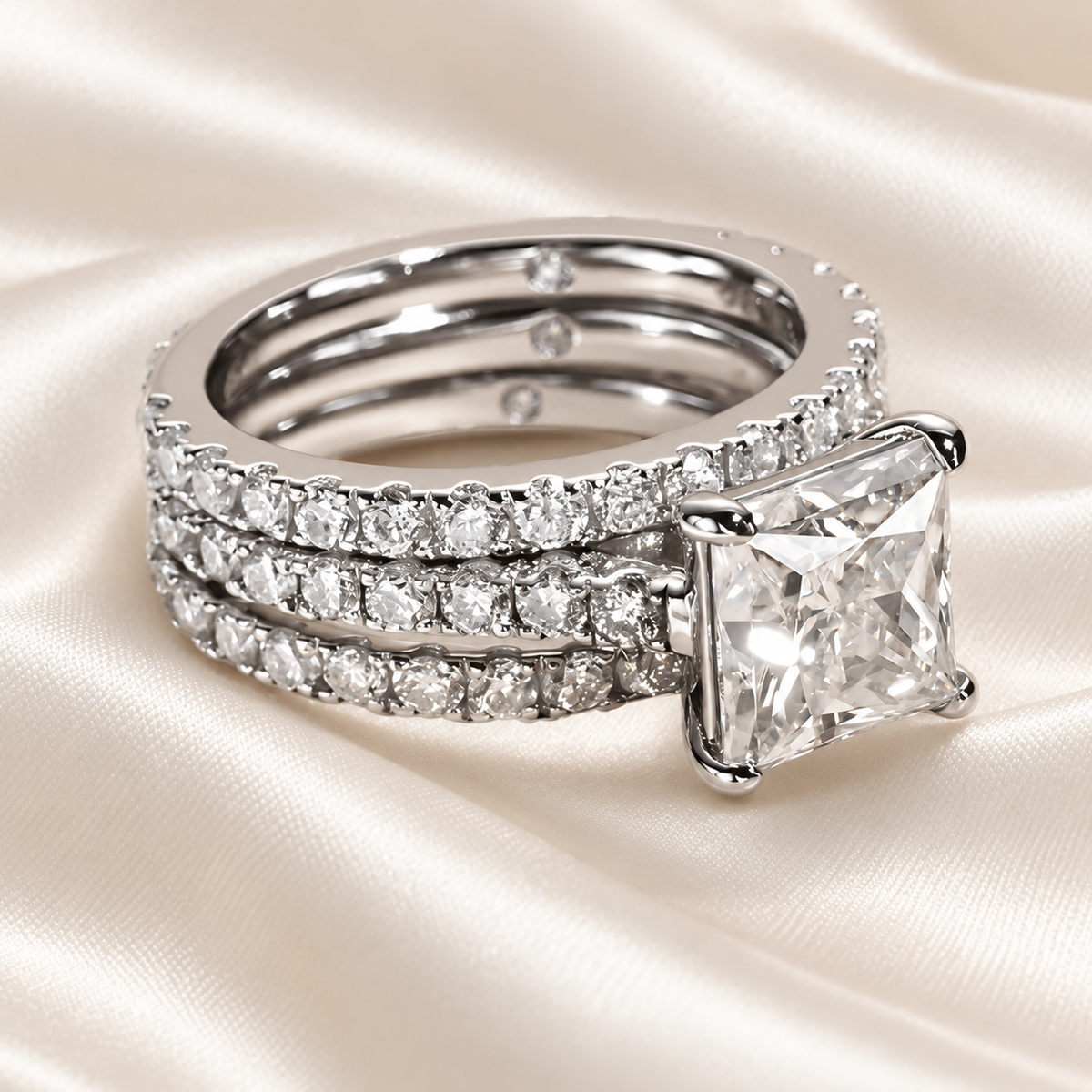 Princess-Cut 3ct Moissanite Engagement Ring with Half Pave finished in 18K White Gold - Versatile Set Options