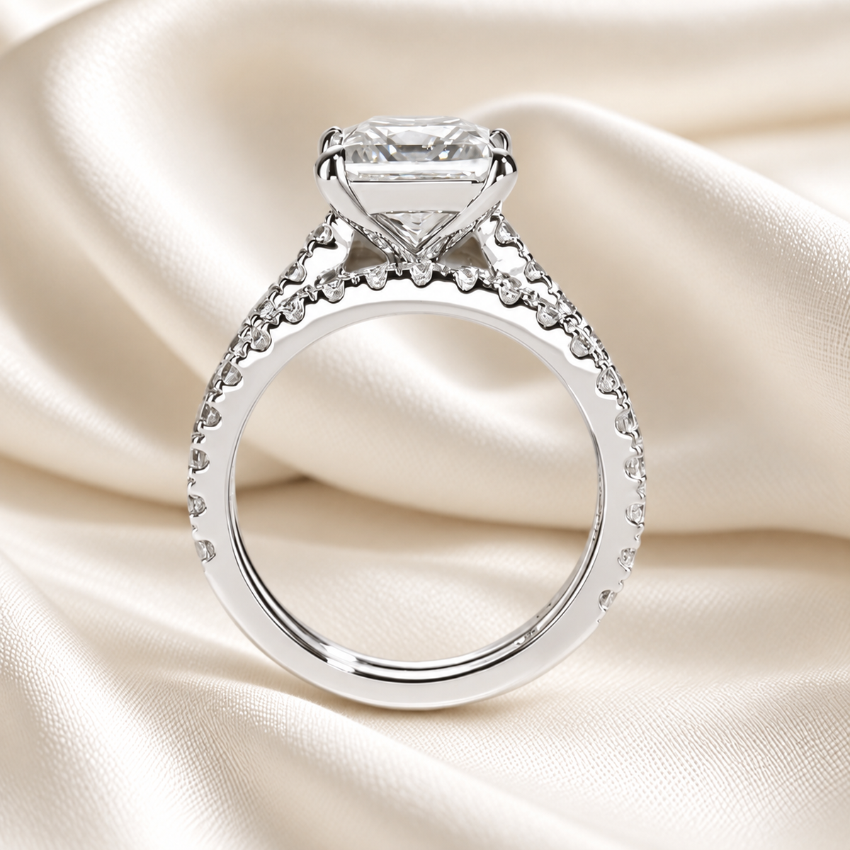 Princess-Cut 3ct Moissanite Engagement Ring with Half Pave finished in 18K White Gold - Versatile Set Options
